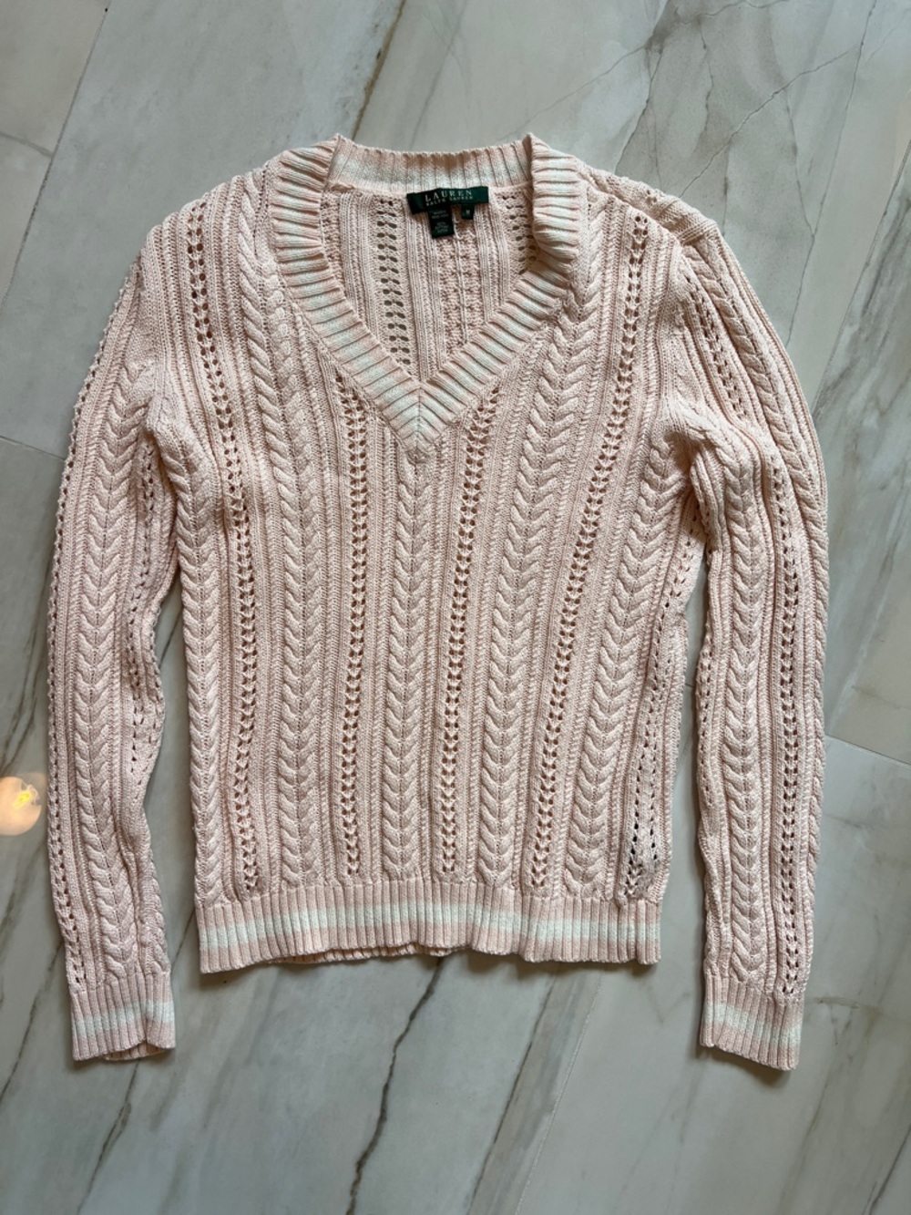 Vintage Lauren Ralph Lauren Light Pink Cable-Knit V-Neck‎ Sweater